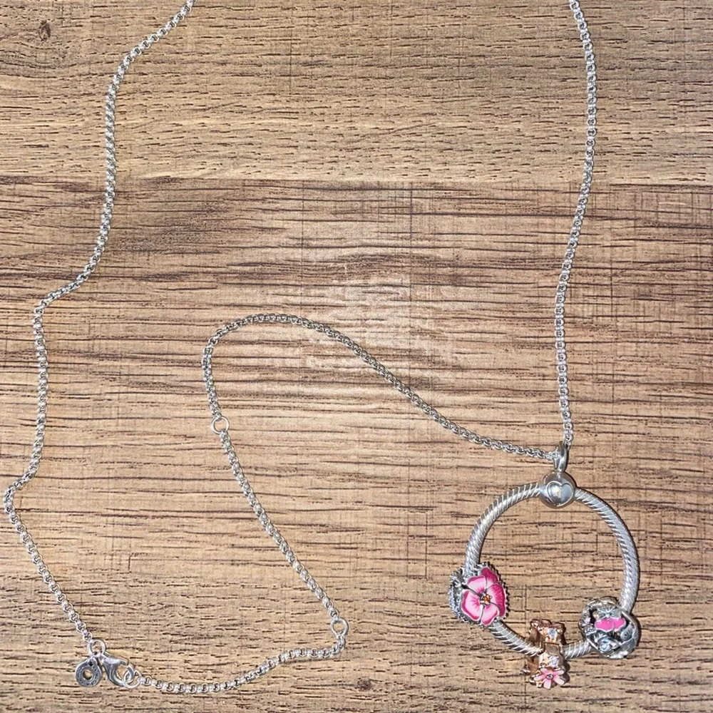 Pandora Necklace with 3 charms. Wore only a few times. Looks brand new. - Picture 2 of 7